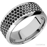 9 mm wide/High Bevel/14K White Gold band with a 4 Row Half Eternity arrangement of 015 carat Round Black Diamond stones in a Bead Channel setting
